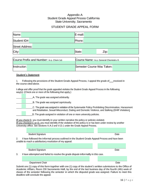 Student Grade Appeal Form screenshot