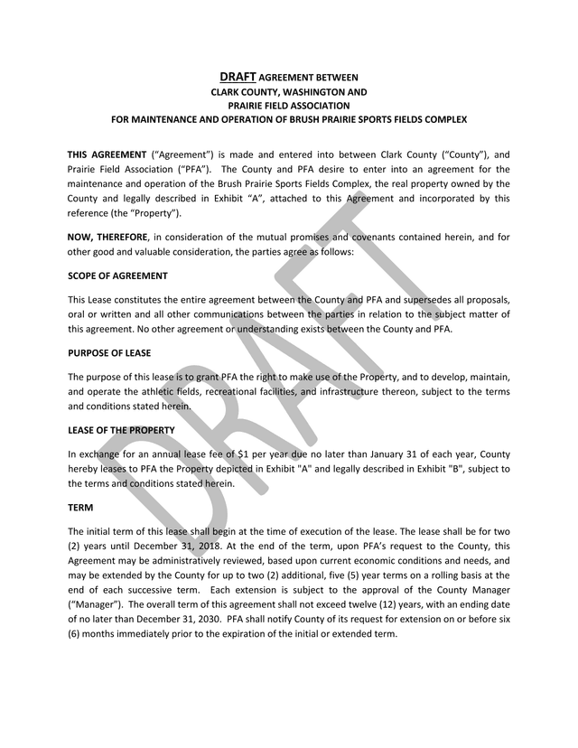 Draft Agreement Between Clark County, Washington And Prairie Field Association screenshot