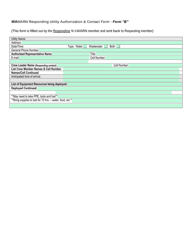 WAWARN Responding Utility Authorization  Contact Form   Form B screenshot