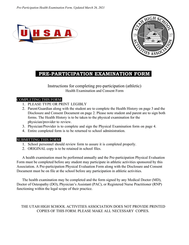Pre Participation Health Examination Form screenshot