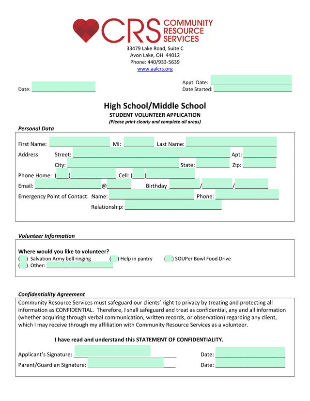 Student Volunteer Application screenshot