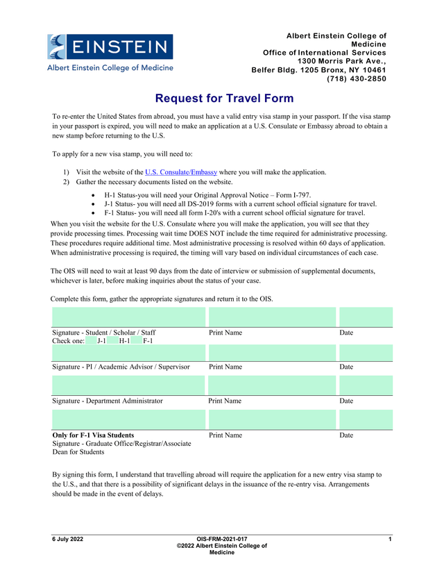 Request For Travel Form screenshot
