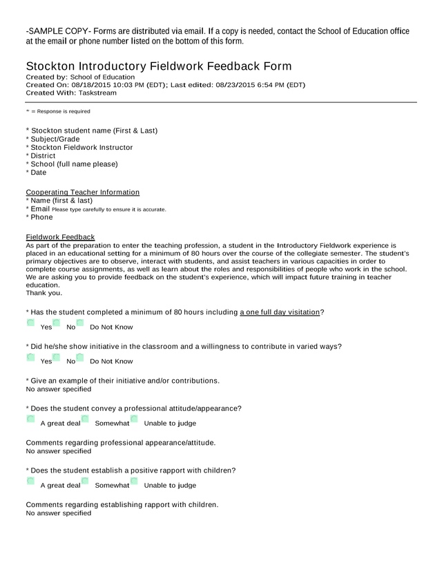 Stockton Introductory Fieldwork Feedback Form screenshot