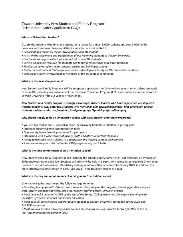 Orientation Leader Application FAQs screenshot