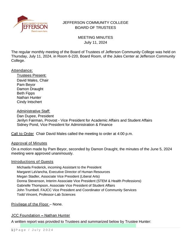 Jefferson Community College Board Of Trustees Meeting Minutes screenshot