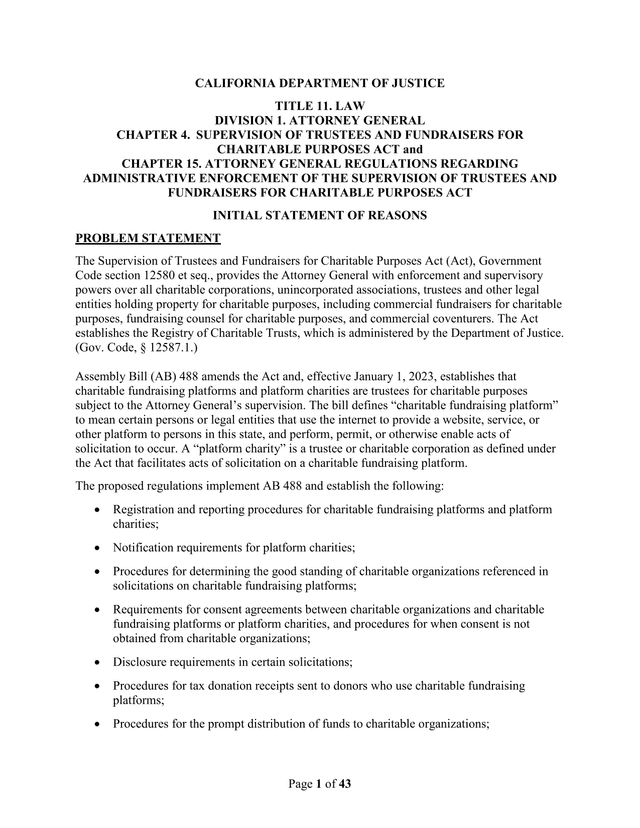 INITIAL STATEMENT OF REASONS   Supervision Of Trustees And Fundraisers For Charitable Purposes Act screenshot