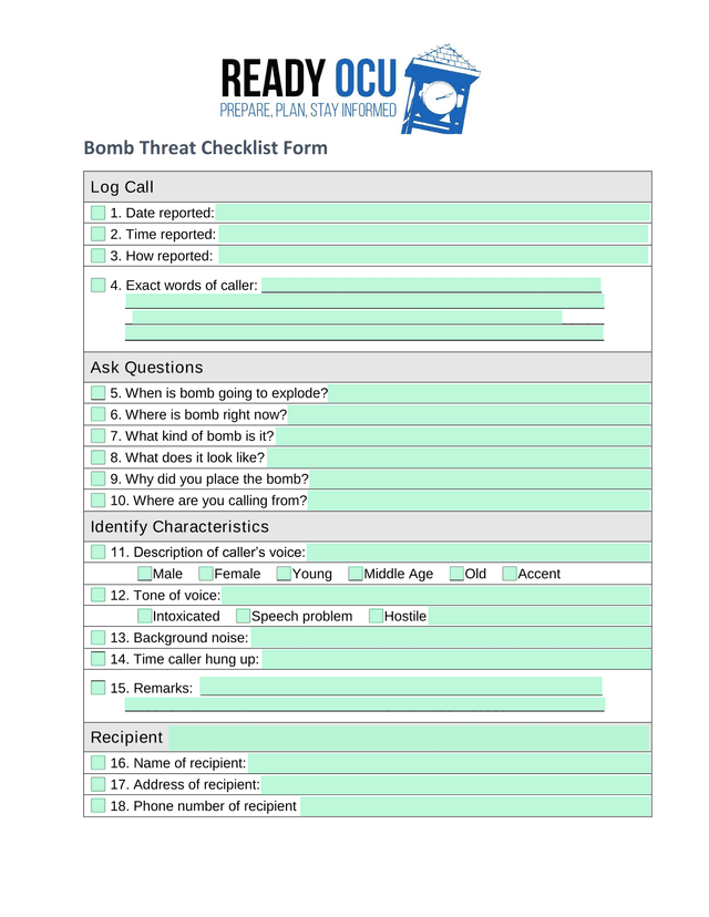 Bomb Threat Checklist Form screenshot