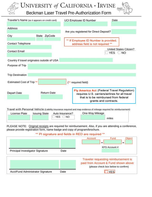 Beckman Laser Travel Pre Authorization Form screenshot