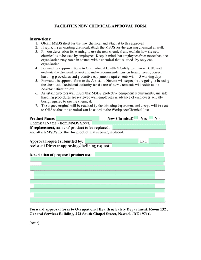 FACILITIES NEW CHEMICAL APPROVAL FORM screenshot