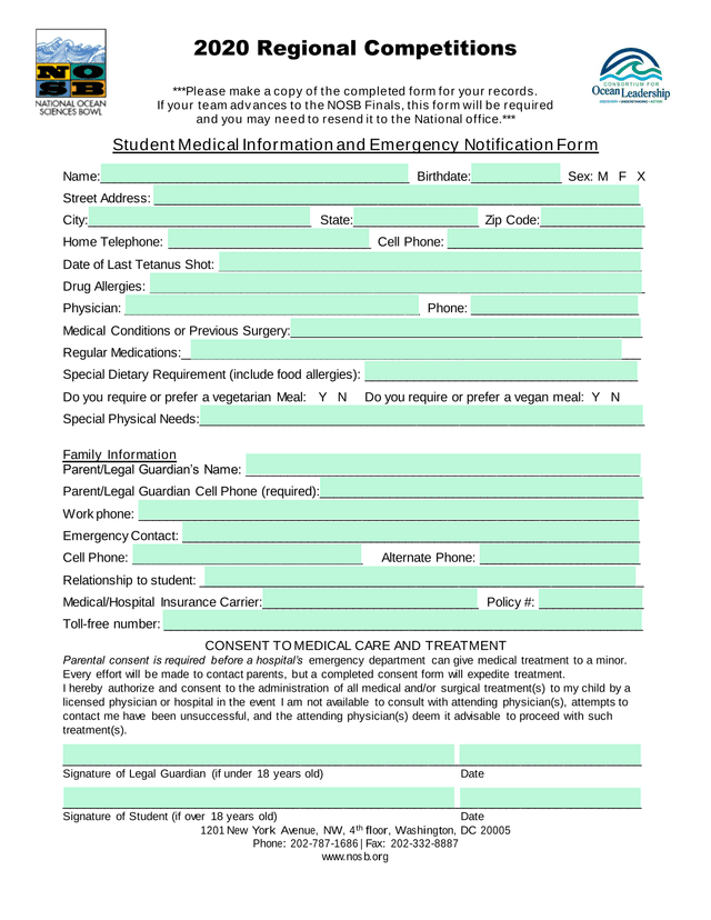 Student Medical Information And Emergency Notification Form screenshot