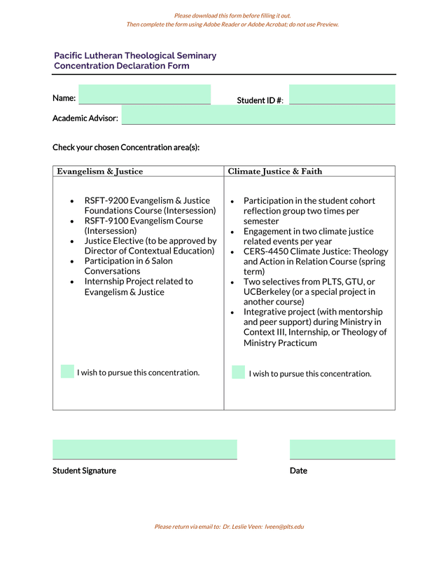 Concentration Declaration Form screenshot