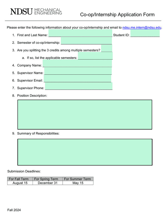Co OpInternship Application Form screenshot