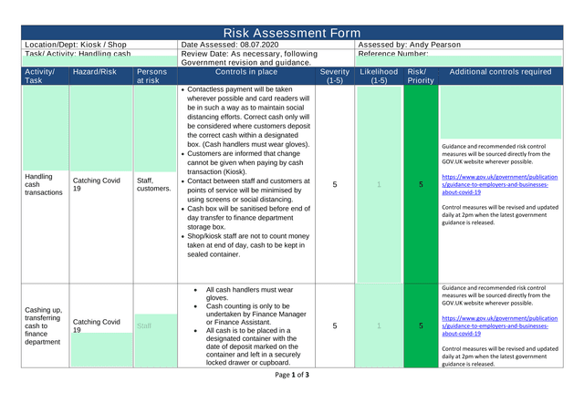 Risk Assessment Form screenshot