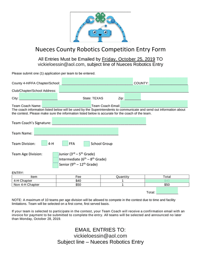 Nueces County Robotics Competition Entry Form screenshot