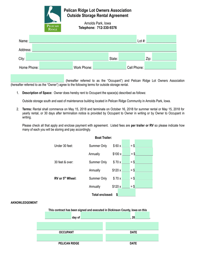 Outside Storage Rental Agreement screenshot