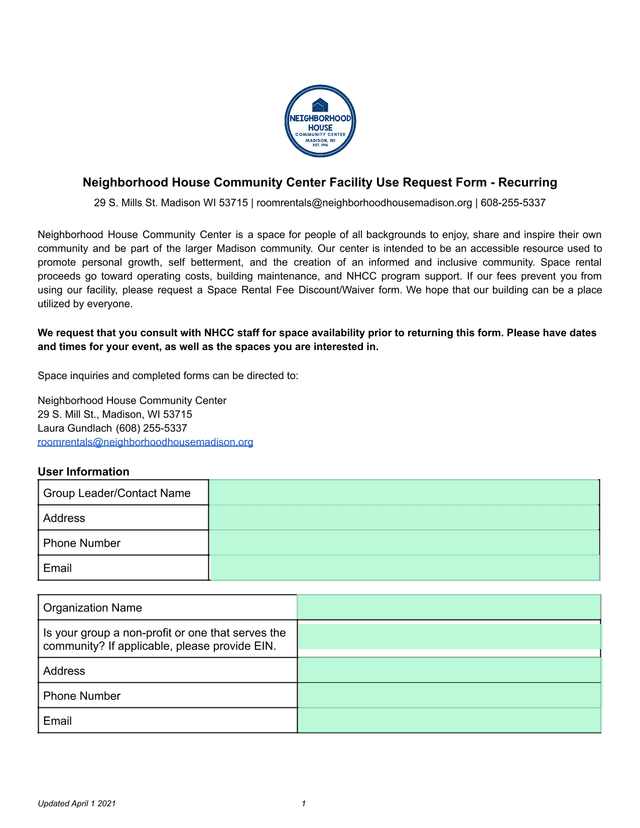 Neighborhood House Community Center Facility Use Request Form   Recurring screenshot