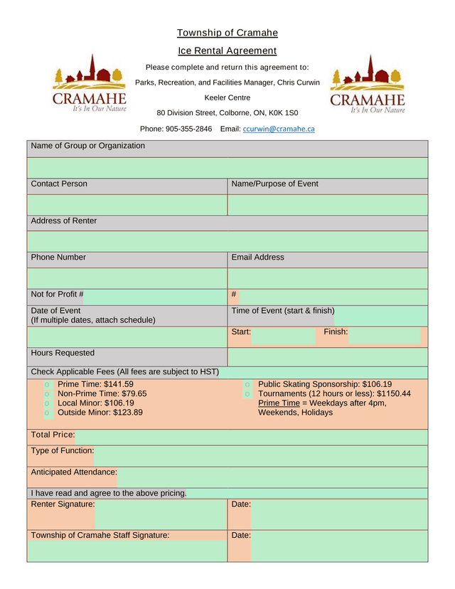 Township Of Cramahe Ice Rental Agreement screenshot