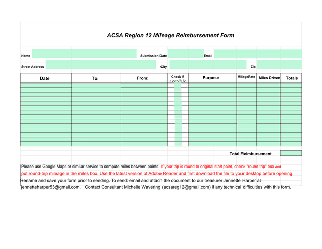ACSA Region 12 Mileage Reimbursement Form screenshot