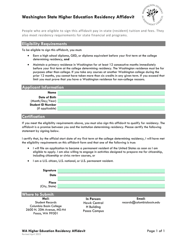 Washington State Higher Education Residency Affidavit screenshot