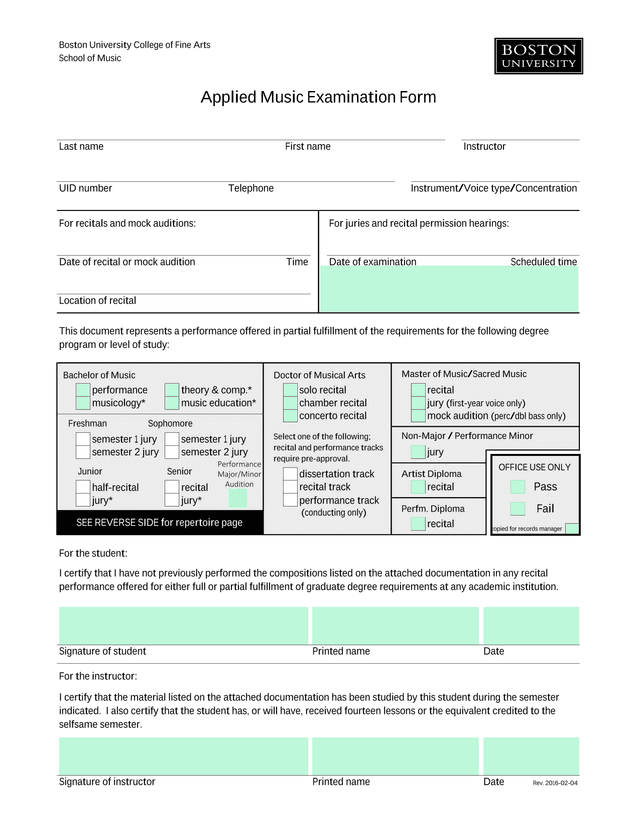 Applied Music Examination Form screenshot
