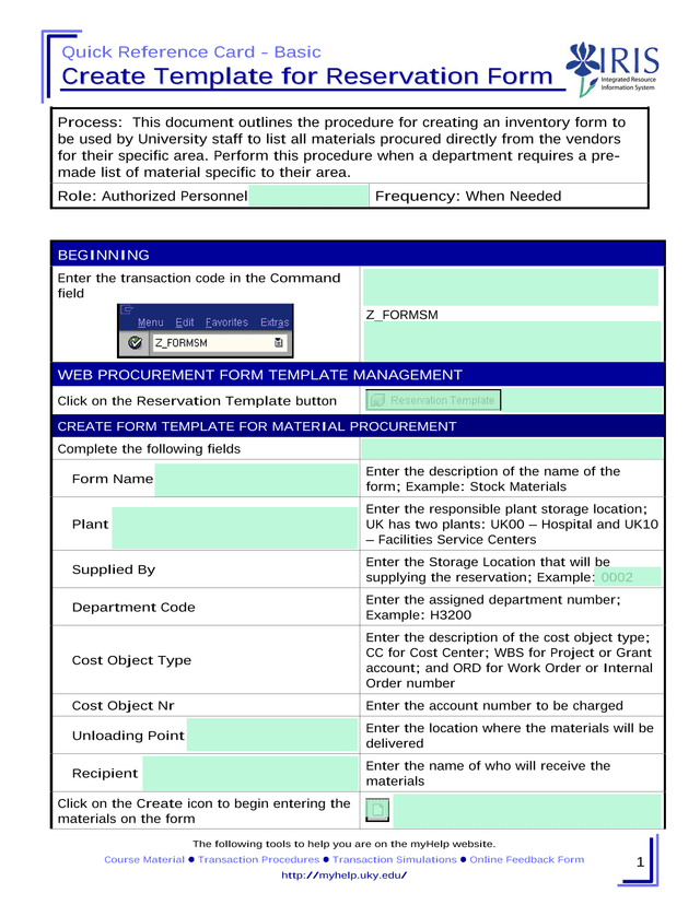 Quick Reference Card   Basic Create Template For Reservation Form screenshot