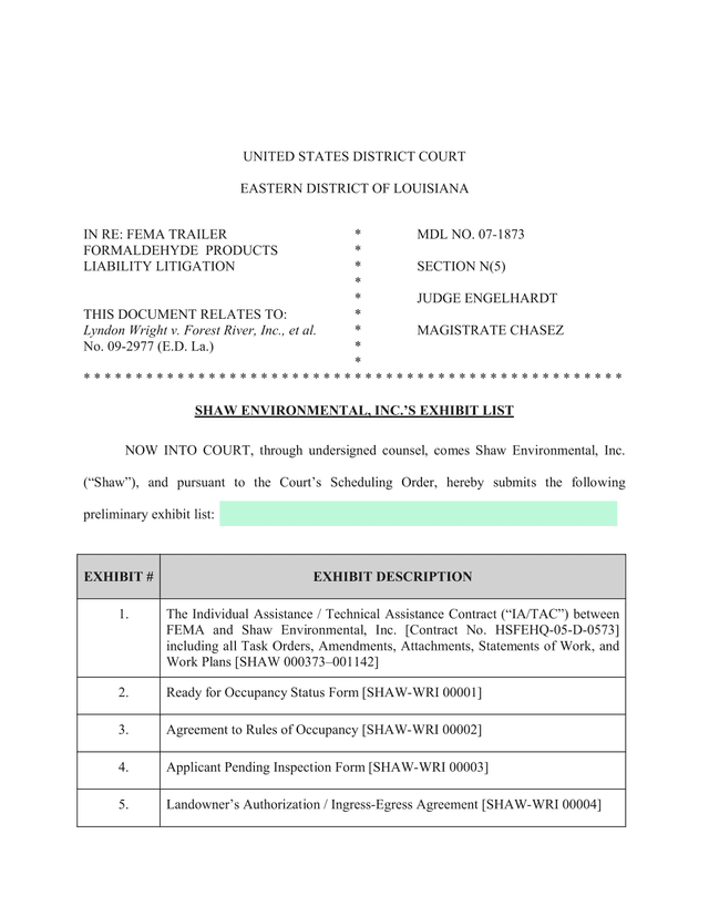 Shaw Environmental, Inc.S Exhibit List screenshot
