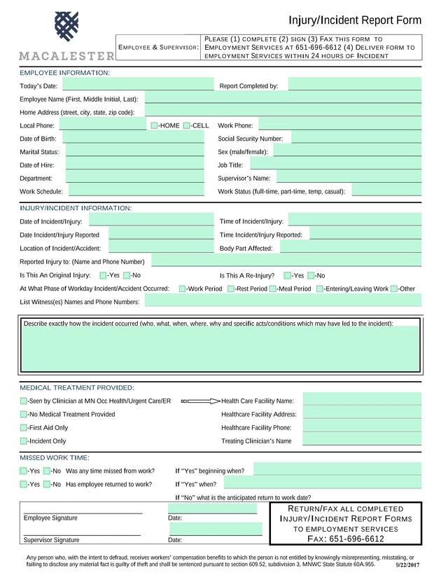 InjuryIncident Report Form screenshot