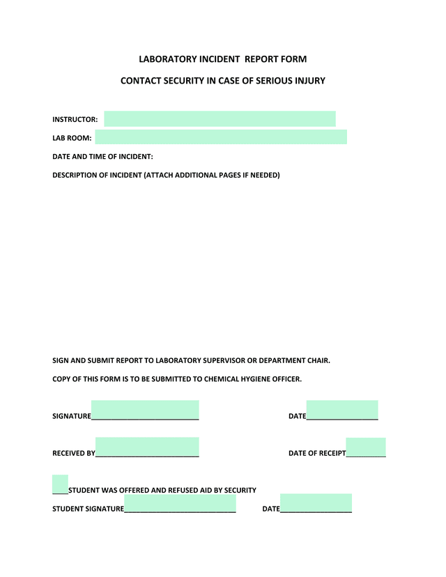 Laboratory Incident Report Form screenshot