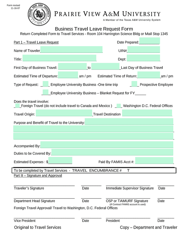 Business Travel Leave Request Form screenshot