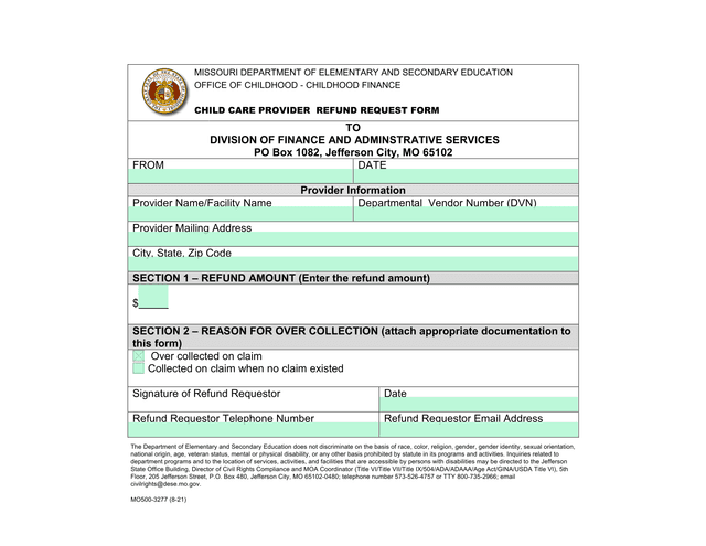 Child Care Provider Refund Request Form screenshot