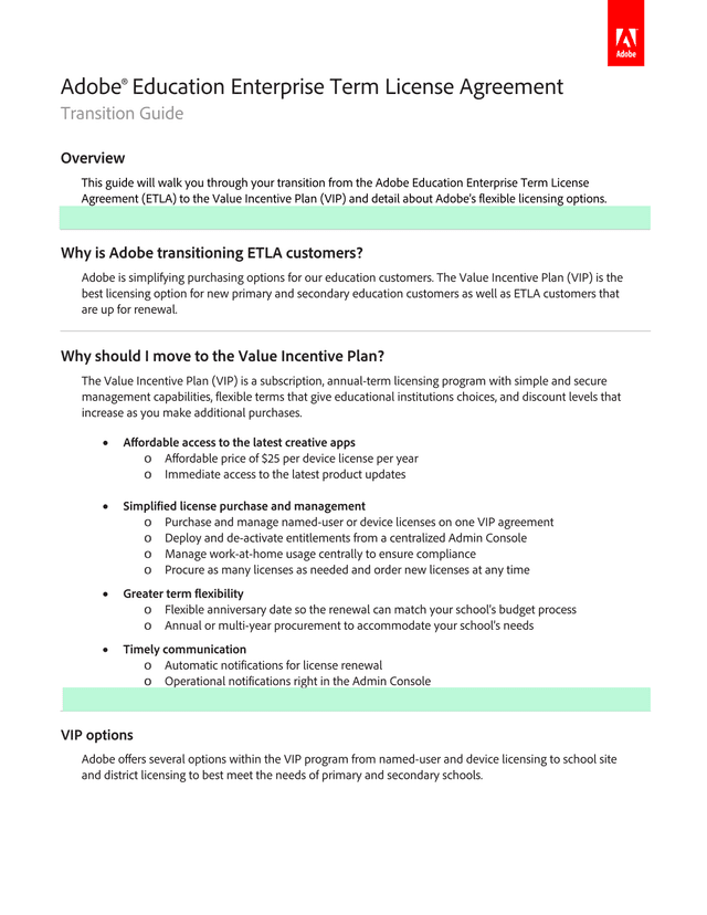 Adobe Education Enterprise Term License Agreement Transition Guide screenshot