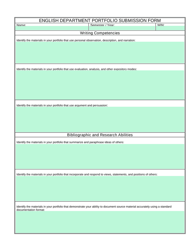 ENGLISH DEPARTMENT PORTFOLIO SUBMISSION FORM screenshot