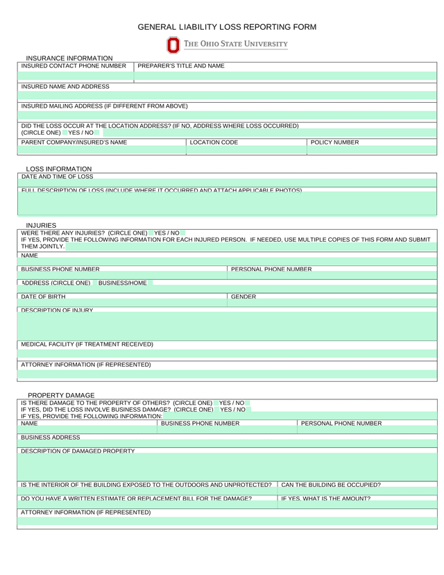 General Liability Loss Reporting Form screenshot
