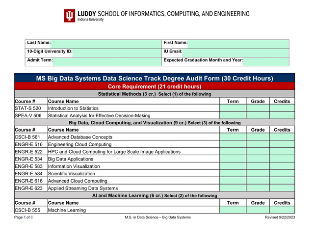 MS Big Data Systems Data Science Track Degree Audit Form screenshot