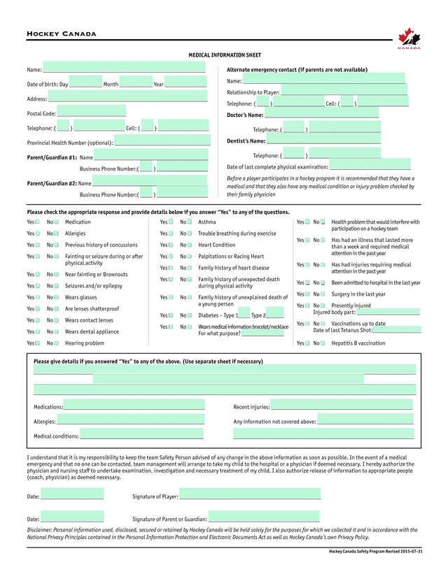 Hockey Canada Medical Information Sheet screenshot