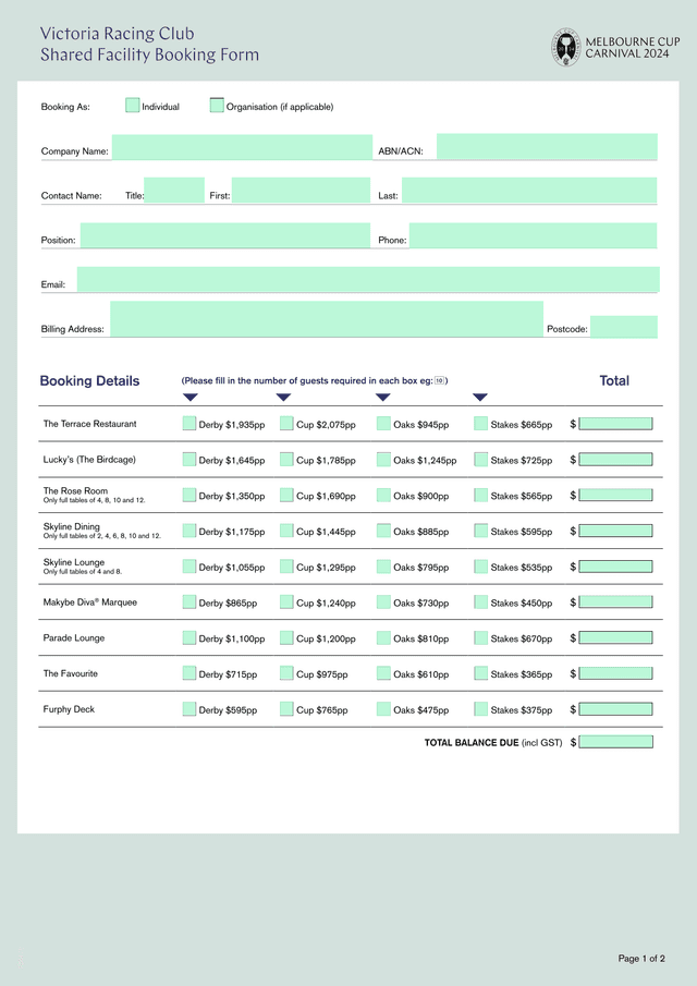 Victoria Racing Club Shared Facility Booking Form screenshot