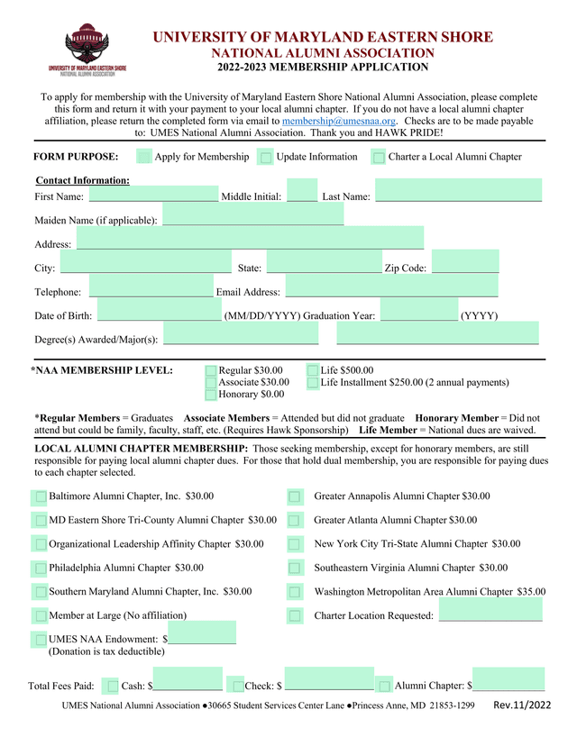 University Of Maryland Eastern Shore National Alumni Association 2022 2023 Membership Application screenshot