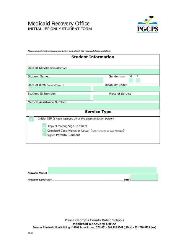 Initial IEP Only Student Form screenshot