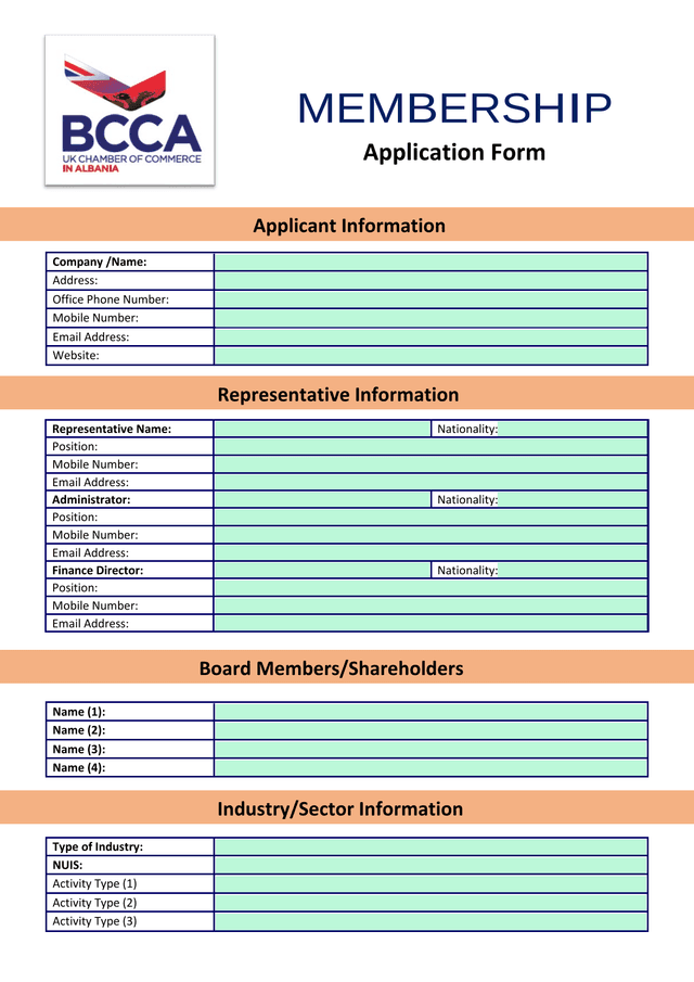 BCCA Membership Application Form screenshot