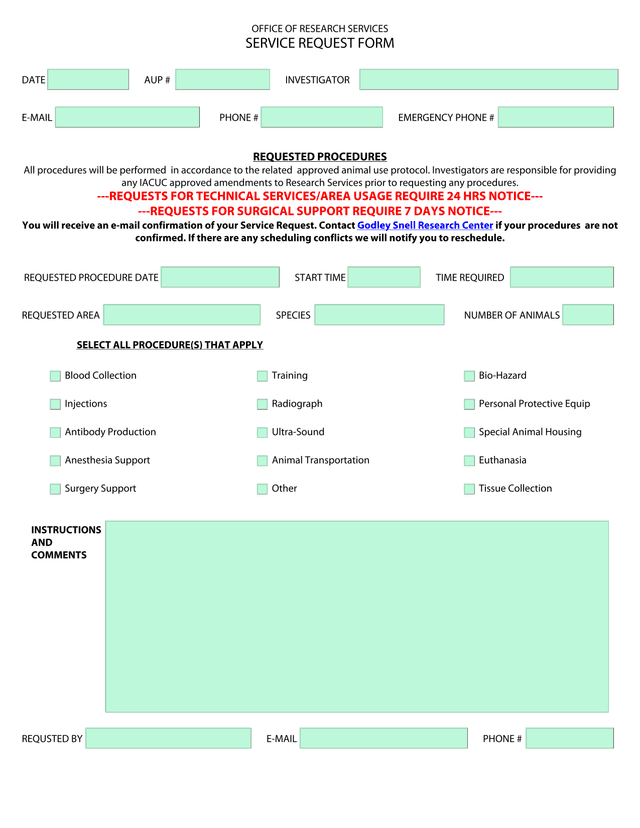 OFFICE OF RESEARCH SERVICES SERVICE REQUEST FORM screenshot