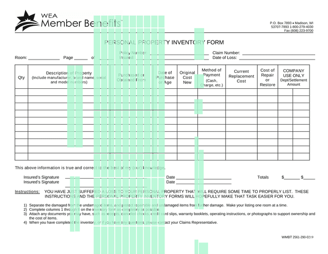 Personal Property Inventory Form screenshot