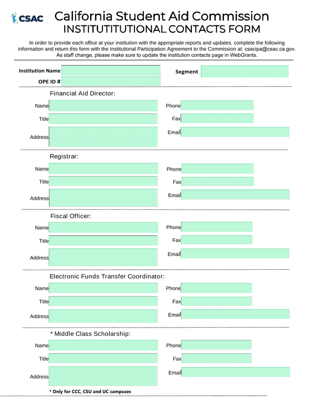 California Student Aid Commission Institutional Contacts Form screenshot