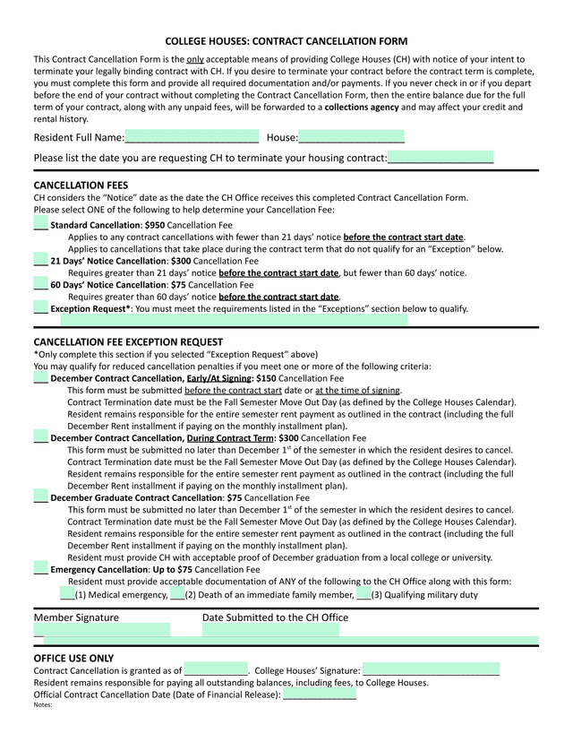 College Houses Contract Cancellation Form screenshot