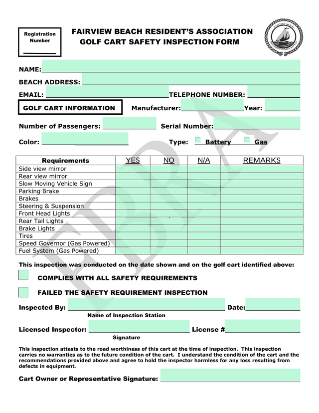 Golf Cart Safety Inspection Form screenshot