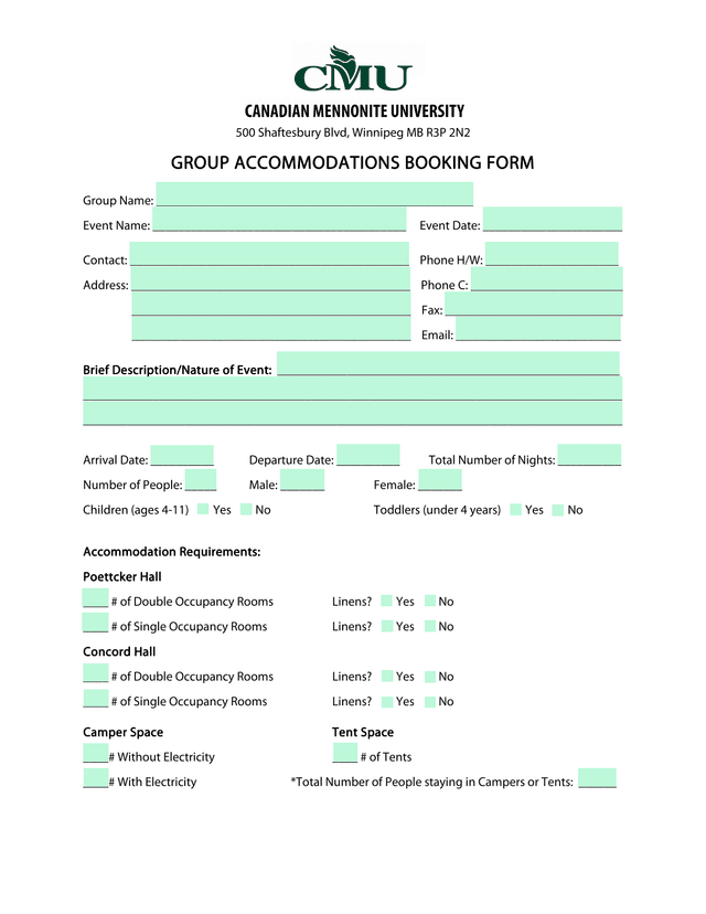GROUP ACCOMMODATIONS BOOKING FORM screenshot