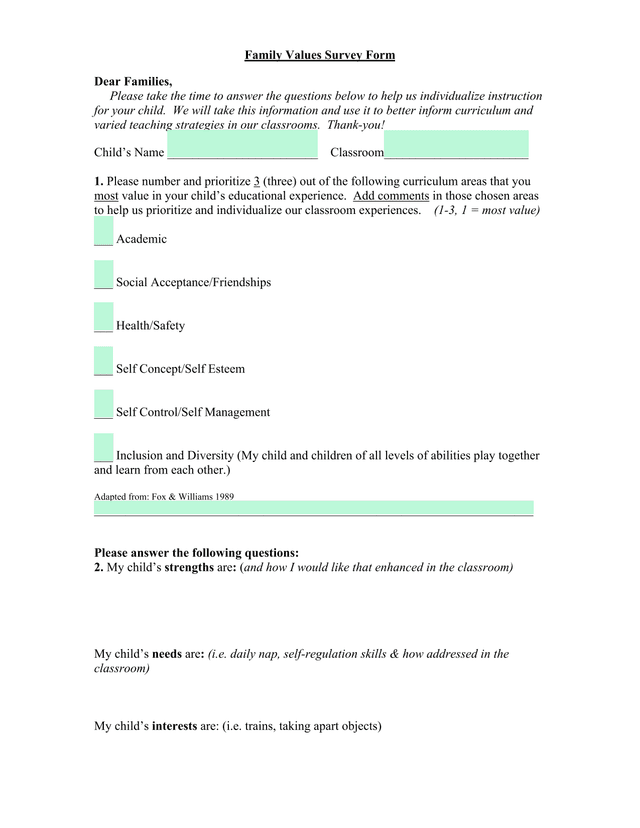 Family Values Survey Form screenshot