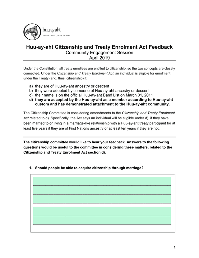 Huu Ay Aht Citizenship And Treaty Enrolment Act Feedback Community Engagement Session screenshot