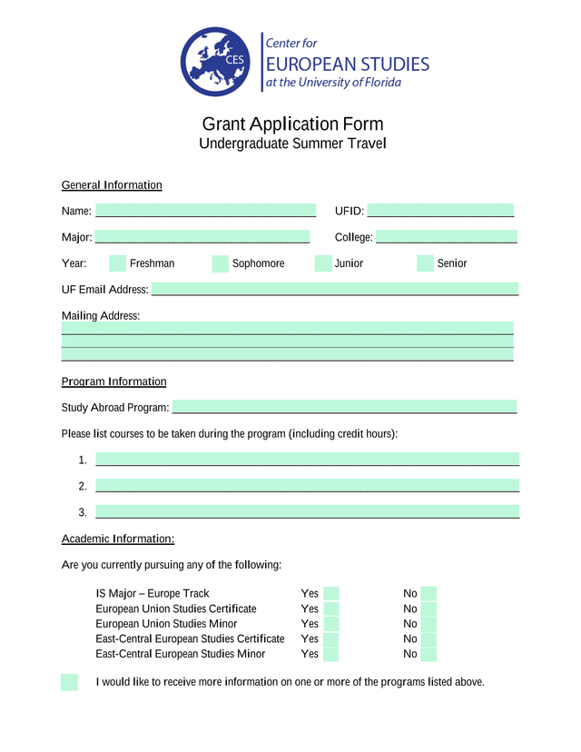 Grant Application Form Undergraduate Summer Travel screenshot