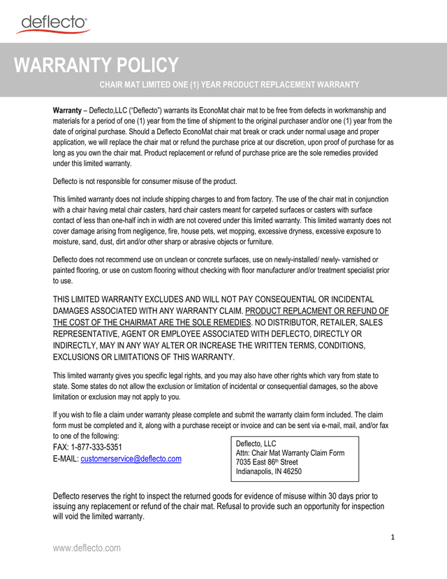 Deflecto EconoMat Chair Mat Warranty screenshot