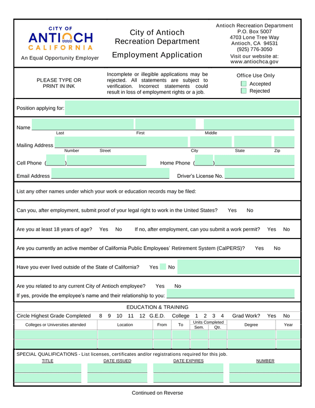 Employment Application screenshot